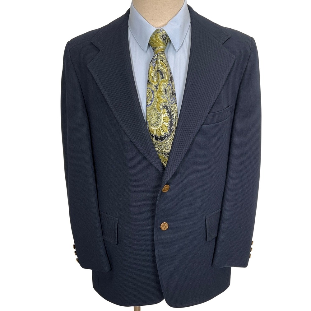 JCPenney Blazer Mens 38R Blue Gold Button Woven Poly 70s Leisure Suit Jacket VTG